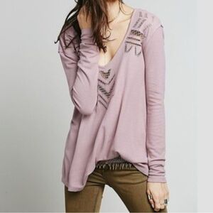 Free People - We The Free Plum Moonrise Cutwork Thermal V Neck Blouse Size Small